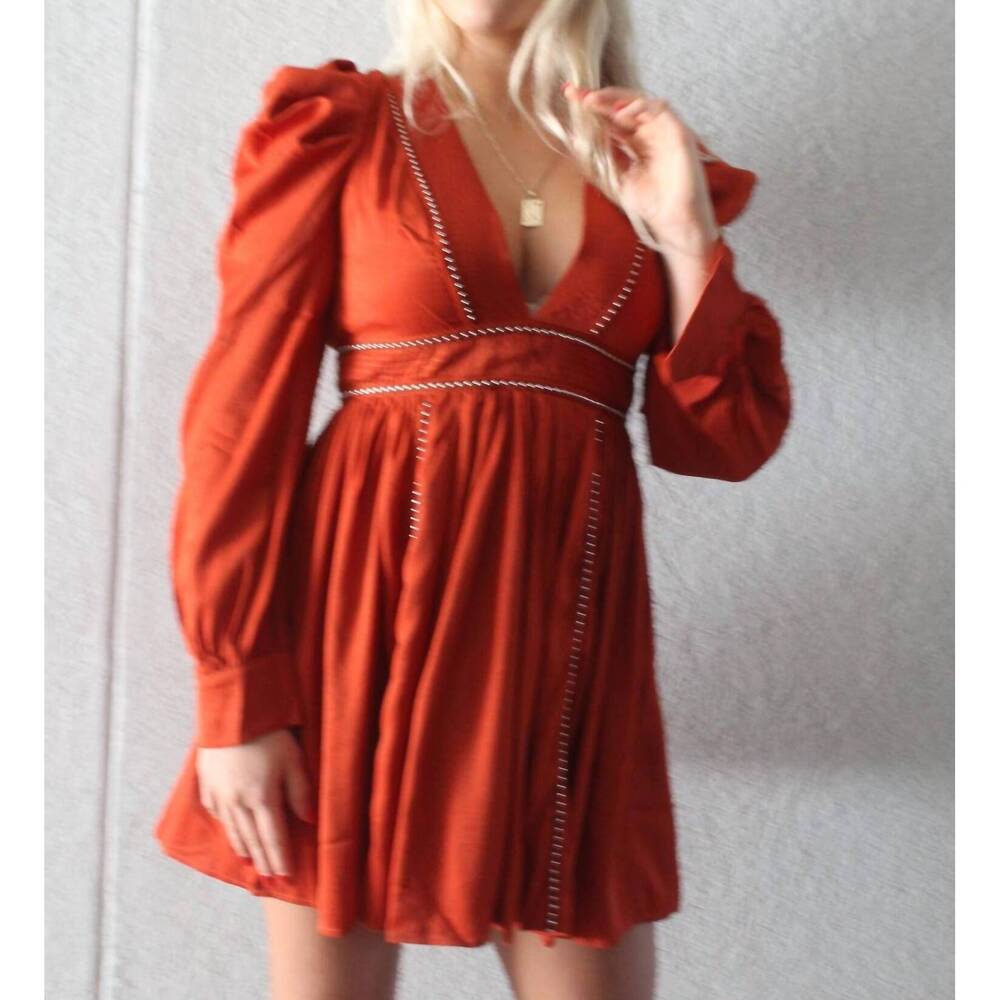 NEW NEON BLUSH v neck trim detail puff sleeve mini dress in rust